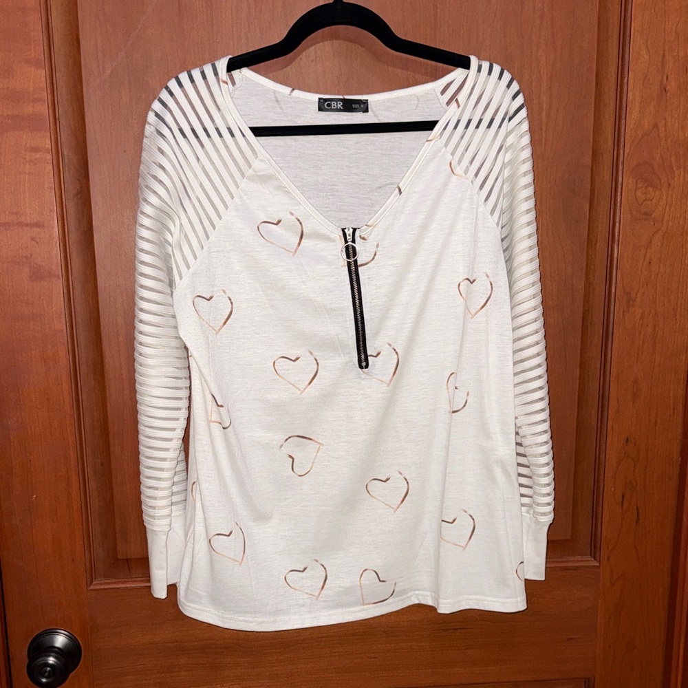 CBR Cream Zip-Front Heart Print Pullover with Striped Raglan Sleeves